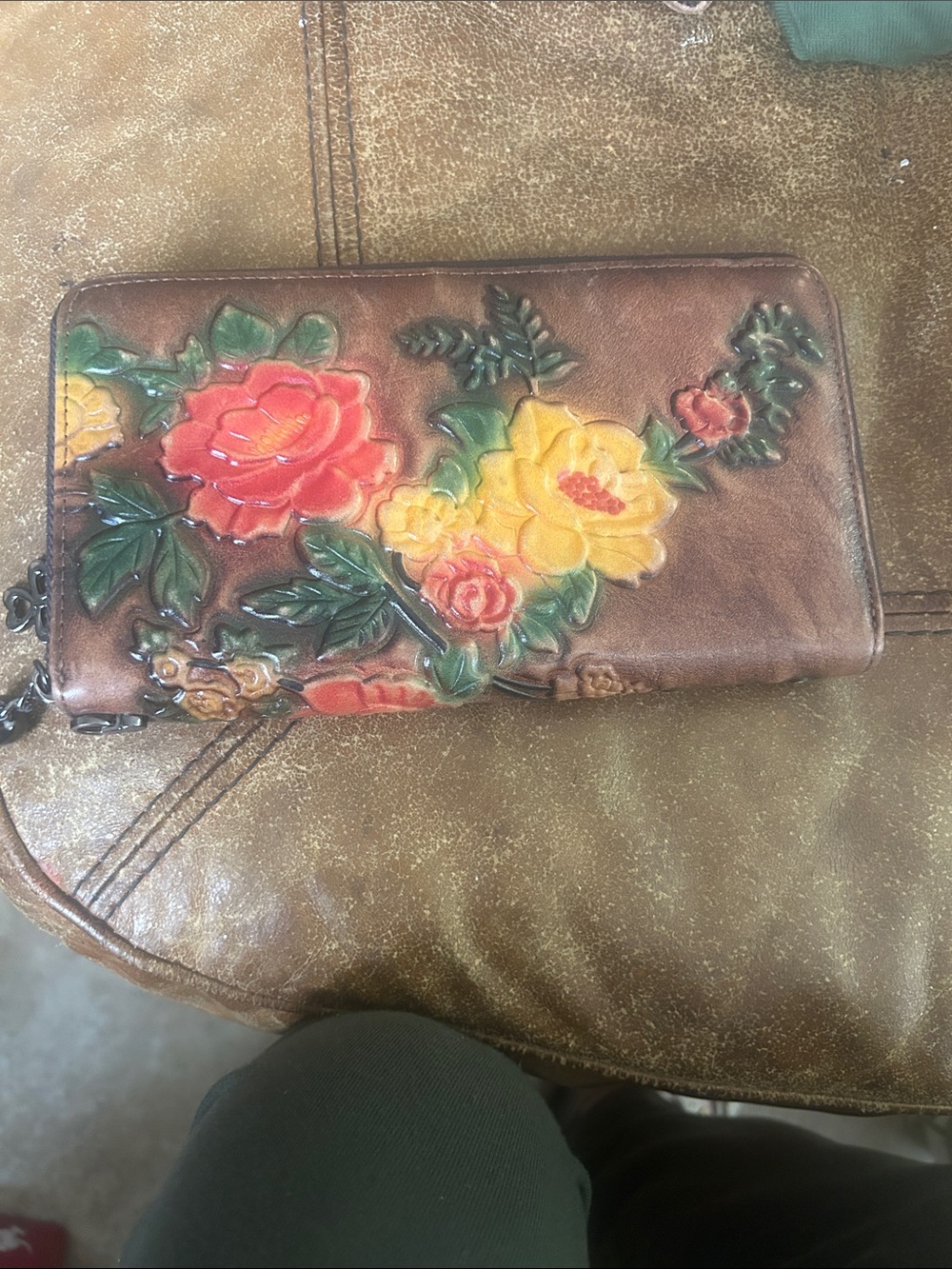 Source Unknown Brown Leather Wristlet Wallet with Red & Yellow Floral Embossing